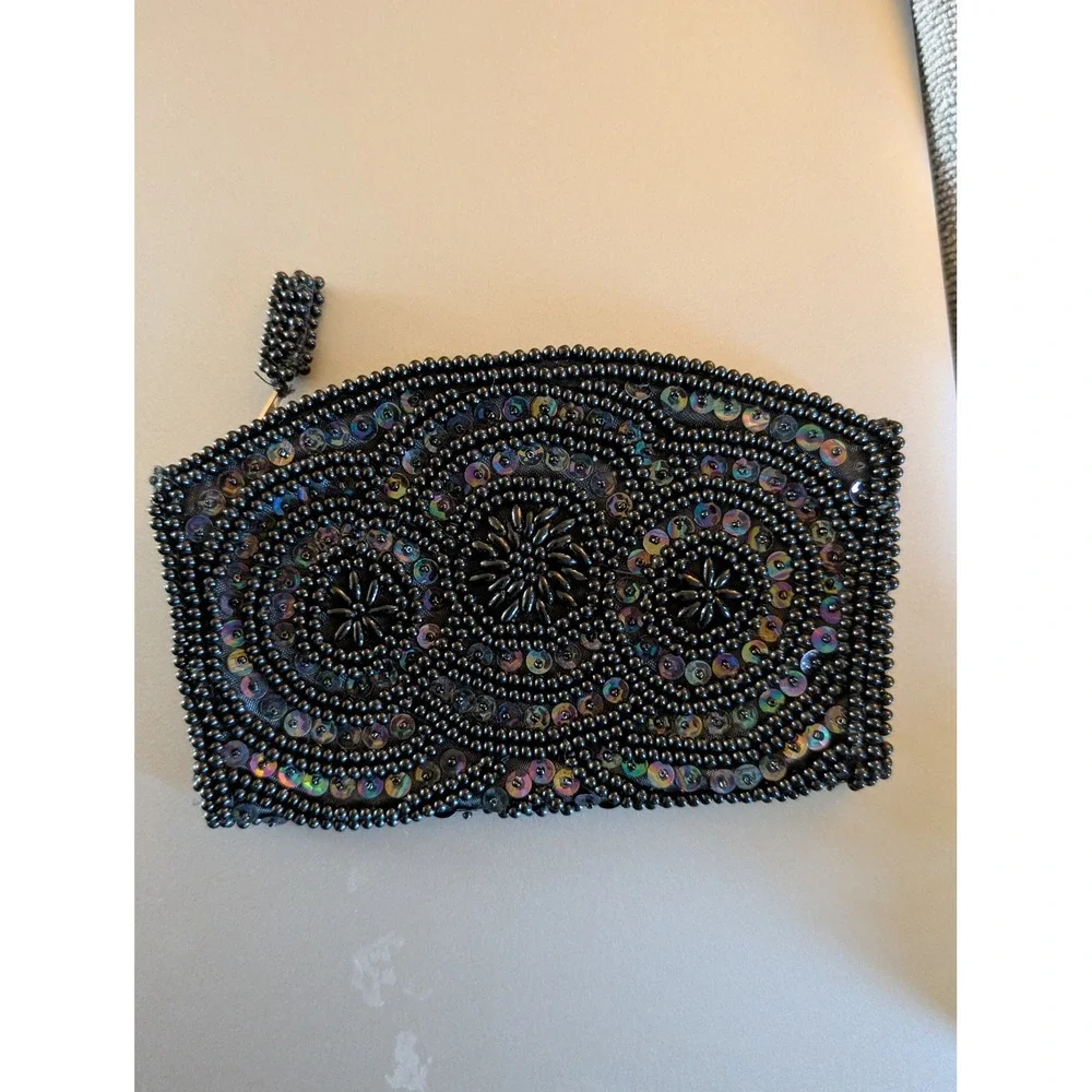 Vintage Handmade Beaded Sequin Clutch Bag Black Iridescent Evening Pouch Japan